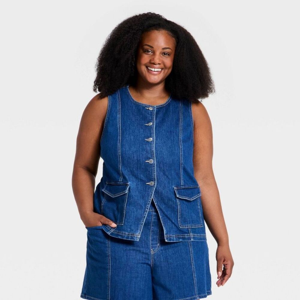 Women's Denim Tailored Vest - Ava & Viv Medium Wash 4X